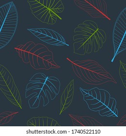 Hojas patrón o hoja de planta Aislada sobre fondo azul oscuro. hojas tropicales vectoriales. arte de tinta con grabado verde. Patrón sin foco