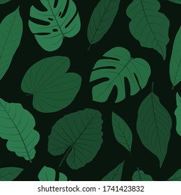 Leaves pattern or plant leaf Isolated on dark blue background. vector tropical leaves. green engraved ink art. Seamless pattern