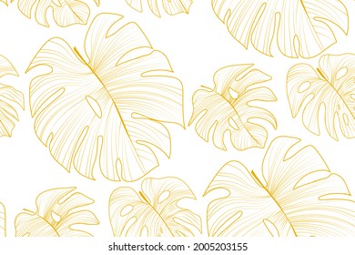 Leaves pattern. Seamless pattern with gold leaves. Line leaf. 