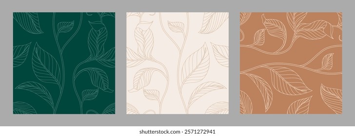 Leaves pattern seamless outline clipart set. Spring leaf continuous drawing sketch clip art collection for wallpaper and greetings card background set. Vector illustration endless poster set. 
