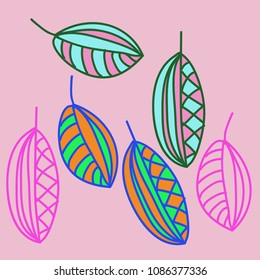 Leaves pattern , stylized, doodles,stripes. Hand drawn.