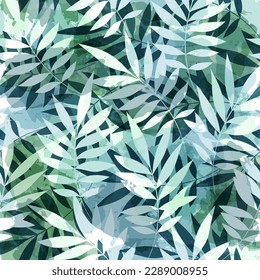 Leaves pattern. Watercolor leaves seamless vector background, textured jungle summer print