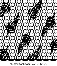 As folhas são padronizadas em um fundo de malha com uma borda recortada.  Um design floral repetitivo adorna a superfície do tecido texturizado. Ilustração de vetor de desenhos animados