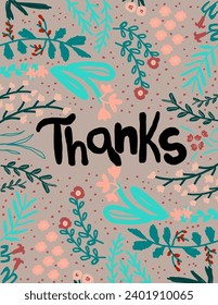 Blätter Muster und Blumen auf grauem Hintergrund mit dem Buchstaben "Danke" für das Branding Paket, Stoffdruck, Tapete, Social Media Post, Doodle, Noten, Buchumschläge, Wanddekor.