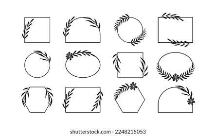Leaves patterns line set. Collection of geometric wreaths with branches and leaves. Graphic elements for website, frames for products. Cartoon flat vector illustrations isolated on white background