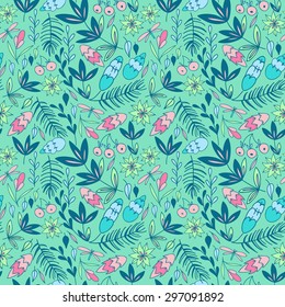 Leaves, pine tree branches and flowers on green background. Colorful seamless pattern with forest elements 
