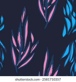 Leaves pink and blue seamless pattern. Vector, hand draw. Brush texture, original, bright colors. Artistic and abstrakt.