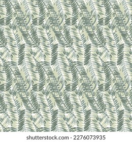 The leaves are pinnate palm on green background . Decorative exotic seamless watercolor pattern with palm leaves ,handmade elements. Floral illustration for design ,fabric,wrapping paper, home decor