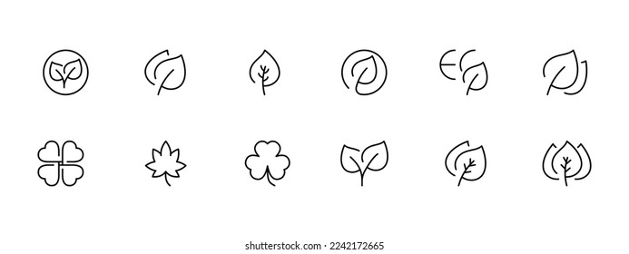 Leaves and planet set icon. Plant, earth, green, save the planet, clean environment, leaf. Ecology concept. Vector line icon on white background