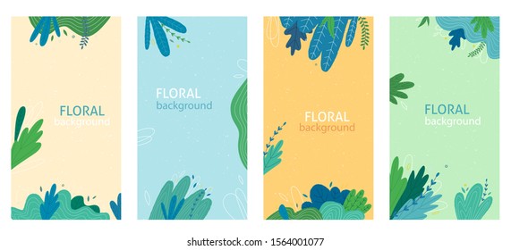 Leaves and plant background template. Flat cartoon style vector illustration.