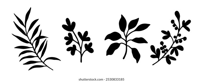 Leaves, plant twigs, palm tree. Hand drawn ink doodle sketch. Vector illustration isolated on white background.