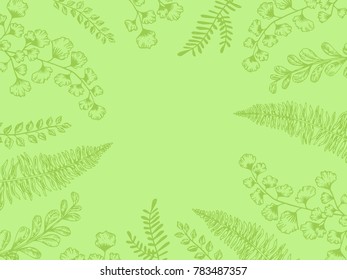 Leaves of plants background engraving vector illustration. Green color. Scratch board style imitation. Hand drawn image.