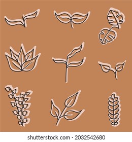 Leaves, plants, botany original design on a beige background, white line and black line. Illustrations for print, design, pattern.