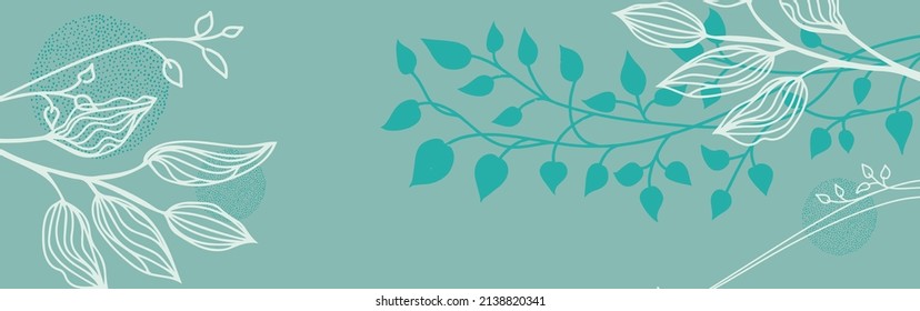 Blätter von Pflanzen und Blumen in weißem Umriss oder minimalem Silhouettendesign, pastellblauer grüner Frühlingshintergrund, abstrakte florale Hochzeitsankündigung oder Einladung, schönes Gartenbanner-Muster