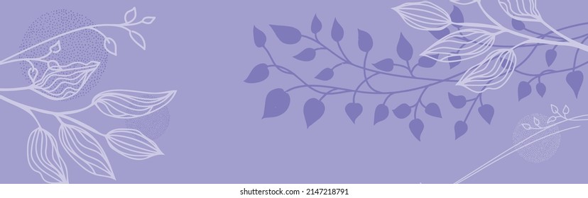 Leaves Plants And Flowers In White Outline Or Minimal Silhouette Design, Pastel Purple Spring Background Vector, Abstract Floral Wedding Announcement Or Invitation, Beautiful Garden Banner Pattern