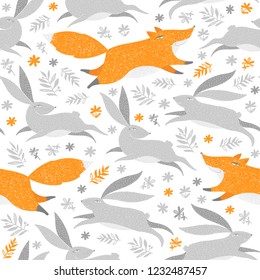 Leaves, plants, rabbit, hare, fox seamless pattern. Animals, plants wallpaper.