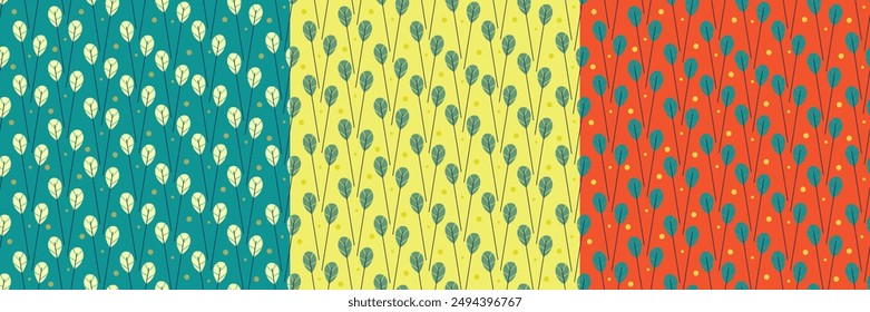 Leaves and pollen seamless pattern collection. Random placed vector botany plants