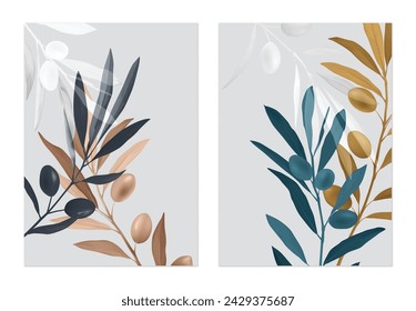 Leaves poster template, colorful olive leaves on grey background