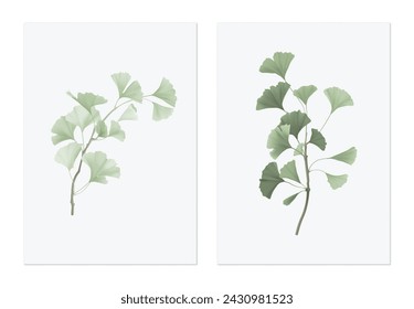 Leaves poster template, green ginkgo leaf branch on grey