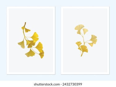 Leaves poster template, yellow ginkgo leaf branch on grey