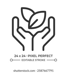 Leaves in protecting hands line ui icon. Save nature and ecology. Environment care activity. Sprouts cultivation. Isolated vector outline symbol. Webdesign user interface element linear, pixel perfect