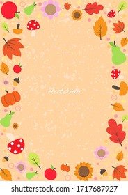 Leaves, pumpkin, pare, apple and mushroom frame vector for decoration on autumn festival.