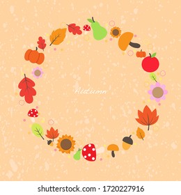 Leaves, pumpkin, pare, apple and mushroom frame vector for decoration on autumn festival.