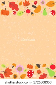 Leaves, pumpkin, pare, apple and mushroom frame vector for decoration on autumn festival.