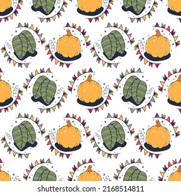 Hojas y calabaza. Patrón sin brillo en un fondo blanco. Ilustración vectorial de corte.
