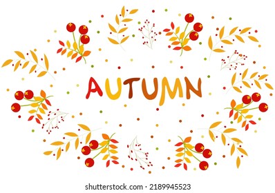 Leaves, red berries and colorful dots. The inscription autumn in an oval frame. Autumn collection. For your design. Vector illustration.