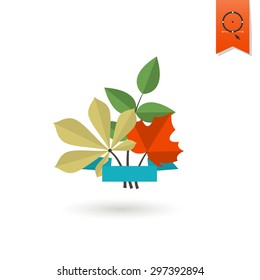 Leaves with Ribbon for Text. Single Flat Autumn Icon . Simple and Minimalistic Style. Vector
