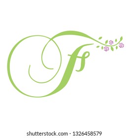 leaves and roses, green letter f