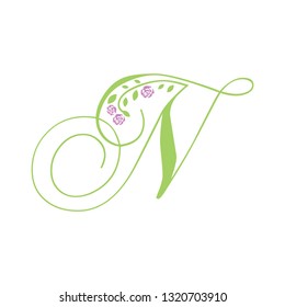 leaves and roses, green letter n