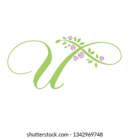 leaves and roses, green letter u