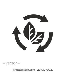leaves in rotating arrows icon, eco label, zero waste, organic recycling, flat symbol - editable stroke vector illustration