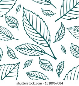 Leaves seamless background. Hand drawn leaves seamless pattern.
Green leaves sketch drawing icons and symbols. Cherry leaves.
