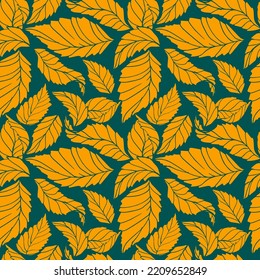 Deja un patrón impecable. Impresión de otoño. Deja la silueta. Patrón naranja en un fondo verde. Impresión de tejido. Otoño. Noviembre. Naranja.