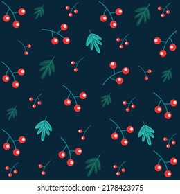 leaves seamless pattern, blue, red, green, white, dark blue background