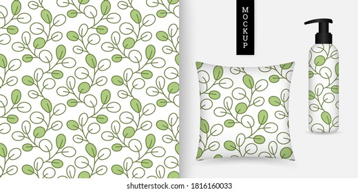 Leaves seamless pattern. Floral background. Vector illustration. Trendy repeating texture. Elegant ornament in style line art. Design textile, paper, wallpaper, cloth. Mockup.