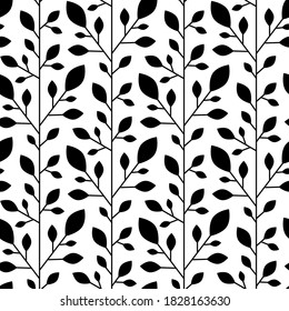 Leaves seamless pattern. Floral background. Black and white abstract background. Vector illustration. Repeating texture. Modern ornament. Design textile, paper, wallpaper, cloth.