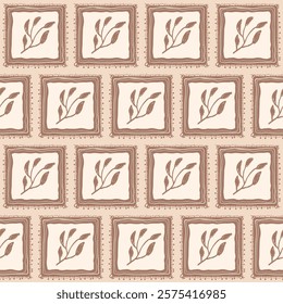 Leaves seamless pattern. floral stencil on vintage frames allover background. Blocks pencil drawn repeat cover. Surface pattern design spring motif. Vector hand drawn monochrome illustration.