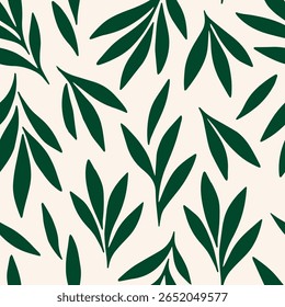 Leaves seamless pattern with flowing light leaf shapes on a green background. Monochrome hand-drawn painting plant illustration. Abstract nature botanical endless background.