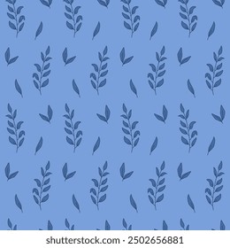 Leaves seamless pattern. foliage monochrome endless background. Blue leaf and branch repeat cover. Simple continuous ornament. Vector hand drawn doodle illustration.