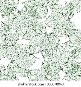 Leaves seamless pattern. Green leaves. The contours on white background. Hand drawn. Vector illustration.