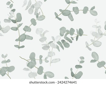 Leaves seamless pattern, green Eucalyptus cinerea on grey