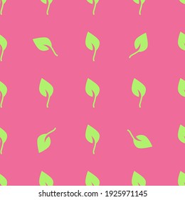 Leaves are a seamless pattern. Green leaves on a pink background. Bright vector spring background. For packaging paper, fabric.