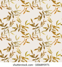 Leaves Seamless Pattern. Hand Drawn Illustration with Glitter Effect.