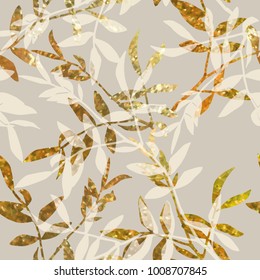 Leaves Seamless Pattern. Hand Drawn Illustration with Glitter Effect. Vector Background, EPS 8.