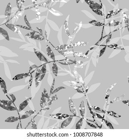 Leaves Seamless Pattern. Hand Drawn Illustration with Glitter Effect.
