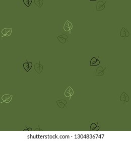 Leaves seamless pattern. Hand drawn green green line art on flat green background. Doodle brush, pen, marker illustration. Scribble ornament backdrop.